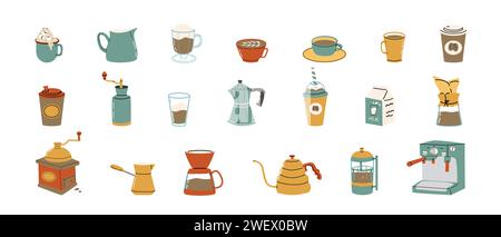 Grand ensemble pour l'équipement de préparation du café et les fournitures dessinées à la main. Illustration vectorielle de pots, machines, tasses, bouilloires, tasses en papier et tasse, moulins, boîte à lait et pot. Illustration de Vecteur