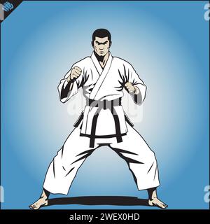 karaté kyokushin karateka dans un kimono blanc, une ceinture noire, de gros poings, dans une pose de combat, prêt à combattre. Sur un fond quelques petits détails Illustration de Vecteur