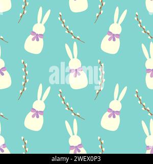 Motif répétitif mettant en vedette des lapins blancs stylisés avec des noeuds violets et des branches de saule marron sur un fond bleu vibrant, généralement utilisé pour Illustration de Vecteur
