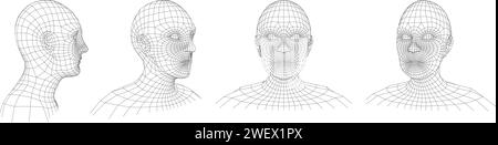 Tête humaine filaire. Visage de maille filaire rétro, portrait d'homme de matrice polygonale et têtes d'hologramme 3D ensemble d'illustration vectorielle avec des chemins de trait modifiables Illustration de Vecteur