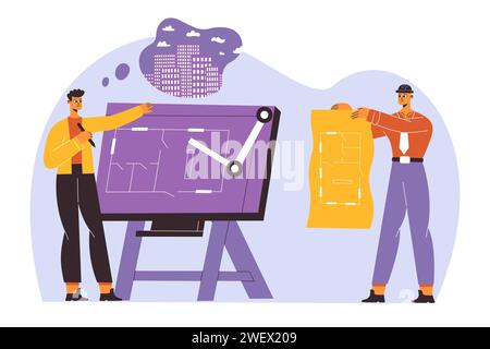 Constructeurs, ingénieurs, architectes travailleurs professionnels de l'équipe de construction Illustration de Vecteur