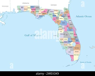 Carte colorée de l'état de Floride montrant les frontières du comté. Banque D'Images