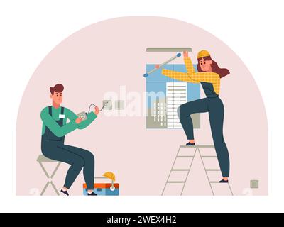 Les ouvriers électriciens professionnels font l'installation électrique nécessaire Illustration de Vecteur