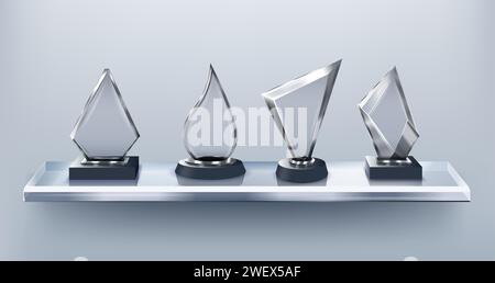 Récompenses en verre sur l'étagère d'affichage. Galerie d'honneur, collection de modèles vectoriels de trophées en cristal transparent clair Illustration de Vecteur