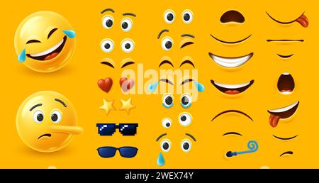 Kit de personnages emoji. Constructeur d'émoticônes personnalisé avec différentes combinaisons d'éléments de formes d'yeux et de bouche pour une conception unique d'expression faciale Illustration de Vecteur