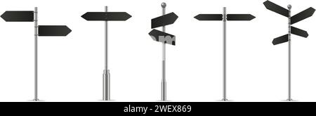 Finger Post. Panneau d'orientation 3D, poteaux de doigts multidirectionnels noirs ensemble d'illustrations vectorielles réalistes isolées Illustration de Vecteur