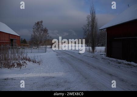 Beau paysage d'hiver et ferme en décembre en hiver à Bredebolet à Skaraborg à Vaestra Goetaland en Suède par temps nuageux Banque D'Images