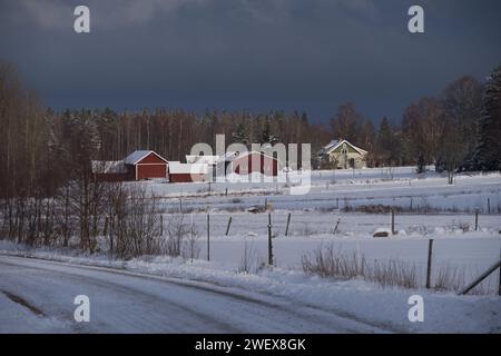 Beau paysage d'hiver et ferme en décembre en hiver à Bredebolet à Skaraborg à Vaestra Goetaland en Suède par temps nuageux Banque D'Images