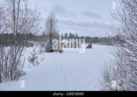 Beau paysage d'hiver et ferme en décembre en hiver à Bredebolet à Skaraborg à Vaestra Goetaland en Suède par temps nuageux Banque D'Images