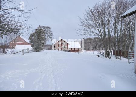 Beau paysage d'hiver et ferme en décembre en hiver à Bredebolet à Skaraborg à Vaestra Goetaland en Suède par temps nuageux Banque D'Images