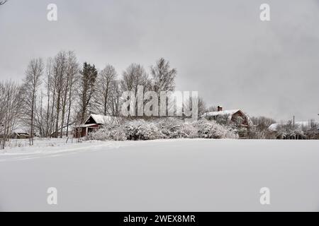 Beau paysage d'hiver et ferme en décembre en hiver à Bredebolet à Skaraborg à Vaestra Goetaland en Suède par temps nuageux Banque D'Images