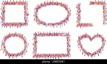 Vue de dessus des cadres de foule. Cadre d'unité de la communauté avec divers groupes de personnes formant un ensemble de vecteurs de bordures de forme carrée, ovale, circulaire, rectangulaire et de cœur Illustration de Vecteur