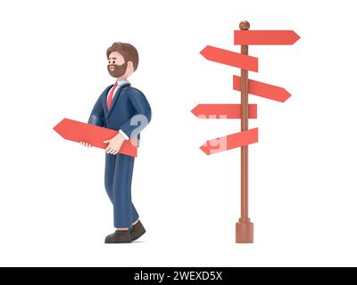 Choisissez la direction. Concept Directinal, illustration 3D en dessin animé.3D illustration de businessman.3D rendu sur blanc Banque D'Images