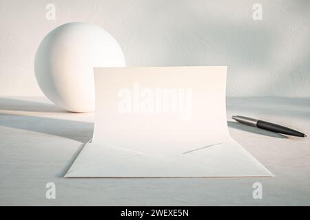 Papier blanc vierge dans l'enveloppe avec stylo sur la table très éclairée Banque D'Images