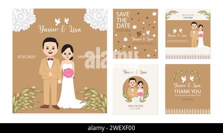 Cartes d'invitation de mariage avec mariée et marié mignon. Illustration vectorielle Illustration de Vecteur