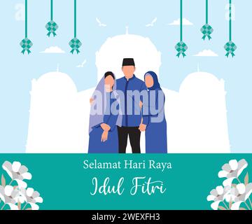 Bonne carte de voeux Eid al-Fitr avec la famille musulmane. Illustration vectorielle. Illustration de Vecteur