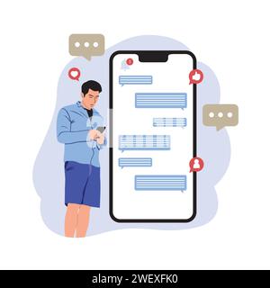 Homme utilisant un téléphone portable avec des bulles de parole. Illustration vectorielle dans le style plat Illustration de Vecteur