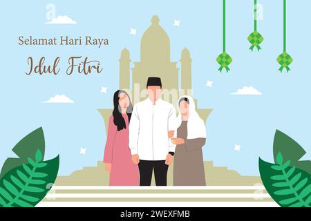 Bonne carte de voeux Eid al-Fitr avec la famille musulmane. Illustration vectorielle. Illustration de Vecteur