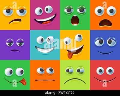 Arrière-plans de visage de dessin animé 3D. Expressions faciales drôles des yeux et de la bouche. Visages colorés avec différents ensembles d'illustrations vectorielles d'émotions Illustration de Vecteur
