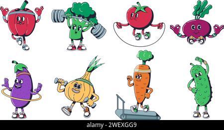 Mascottes de légumes sains de dessin animé. Personnages de légumes sportifs dans les activités de remise en forme, poivron soulevant des poids, brocoli avec barre, une tomate sur Illustration de Vecteur