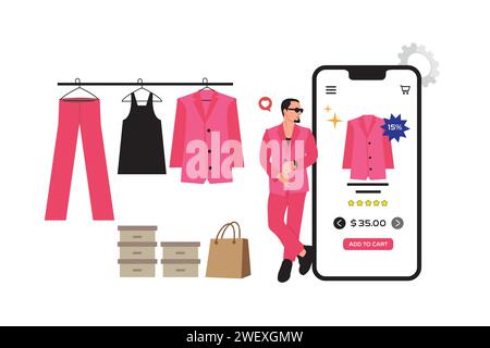 Illustration vectorielle des achats en ligne. Un homme en costume choisit des vêtements sur un smartphone. Illustration de Vecteur