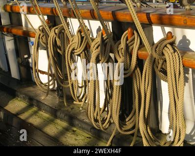 Cordes de chanvre et épingles d'Belay , détail de gréement sur la découverte de RRS à Dundee, Écosse, Royaume-Uni Banque D'Images