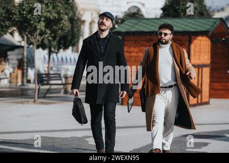 Deux hommes à la mode foulent avec raison sur un trottoir urbain, vêtus de manteaux chauds et portant des sacs de travail par une journée ensoleillée. Banque D'Images