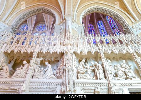 Cathédrale notre-Dame de Chartres, France, sculpture murale de choeur, monument de style gothique, construit entre 1194 et 1220, l'un des plus beaux A. Banque D'Images