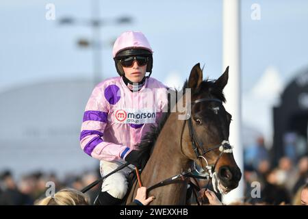 Cheltenham, Royaume-Uni. 27 janvier 2024. Cheltenham Racecource, Royaume-Uni. Rubaud, monté par Harry Cobden, se prépare à descendre au poste. Action de l'Unibet Hurdle Race 15,00, remportée par Lossiemouth, à Cheltenham. ROYAUME-UNI. Crédit photo : Paul Blake/Alamy Sports News Banque D'Images