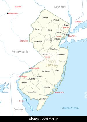 Carte montrant les frontières des différents comtés qui composent l'état du New Jersey. Banque D'Images