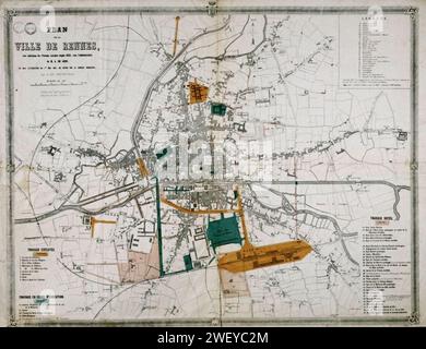 Ancien chemin vicinal n° 24, dit blv Solférino, blv de Beaumont, blv du Colombier et blv de Guines (Rennes) - Plan de la ville de Rennes avec indication des travaux exécutés depuis 1855 (A. C. Rennes, 1 Fi 76). HR. Banque D'Images