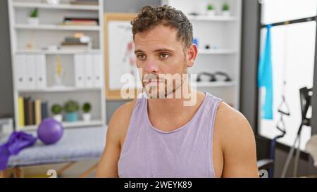 Beau jeune homme hispanique à la barbe est assis pensivement dans une clinique de physiothérapie, à l'intérieur. Banque D'Images