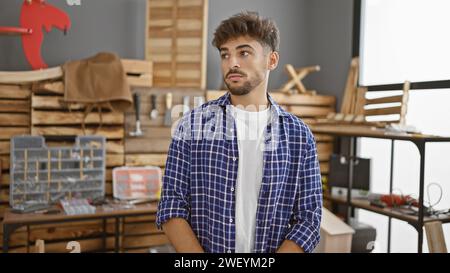 Beau, sérieux jeune homme arabe, un maître charpentier, debout dans son atelier de menuiserie bourdonnante, complètement entouré par le bois, t Banque D'Images