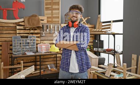 Jeune homme arabe souriant, un charpentier heureux debout dans son atelier de menuiserie, portant des lunettes, les bras croisés, exsudant confiance et artisanat Banque D'Images