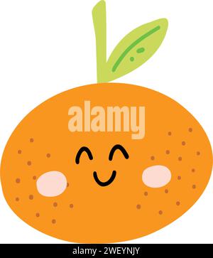 Mignon main dessiné orange souriant. Kawaii caractère drôle de fruit pour les enfants Illustration de Vecteur