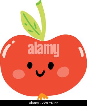 Jolie pomme dessinée à la main souriante. Kawaii caractère drôle de fruit pour les enfants. Illustration de Vecteur