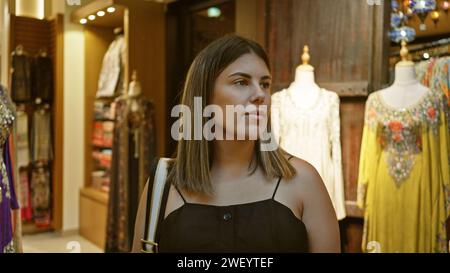 Une jeune femme hispanique adulte explore un souk traditionnel à dubaï, en regardant des vêtements arabes. Banque D'Images