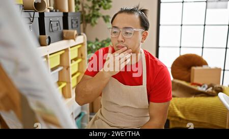 Pensées complexes d'un jeune artiste chinois, absorbé par l'art du dessin, habillé d'un tablier et de lunettes dans son studio confortable Banque D'Images