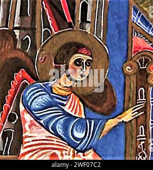 Annonciation du 13e siècle Targmanchats Gospel, Angel Gabriel. (détails). Banque D'Images