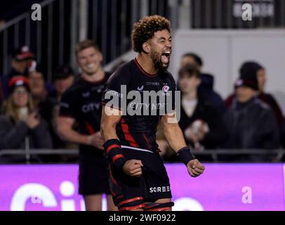 Andy Christie des Saracens célèbre le match Gallagher Premiership au StoneX Stadium de Londres. Date de la photo : samedi 27 janvier 2024. Banque D'Images