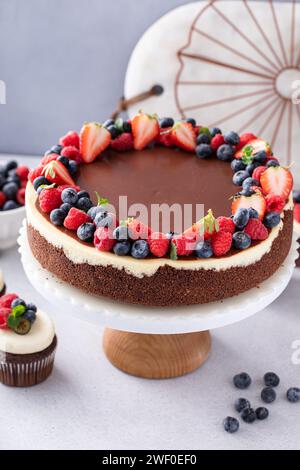 Cheesecake au chocolat et à la vanille garni de ganache au chocolat et d'une variété de baies fraîches Banque D'Images