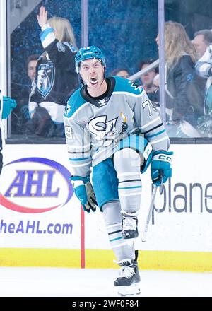 San Jose, Californie, États-Unis. 26 janvier 2024. Le défenseur de San Jose Barracuda ETHAN FRISCH (79) célèbre un but qui marquerait 2-0 en deuxième période contre les Wranglers de Calgary. (Image de crédit : © Jose Moreno/ZUMA Press Wire) USAGE ÉDITORIAL SEULEMENT! Non destiné à UN USAGE commercial ! Banque D'Images