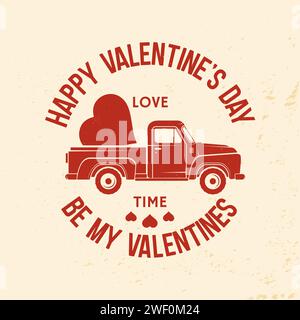 Camion de Saint-Valentin. Illustration vectorielle. Un pick-up vintage offre des cœurs. Modèle pour la carte de voeux de Saint-Valentin, bannière, affiche, flyer avec rouge Illustration de Vecteur