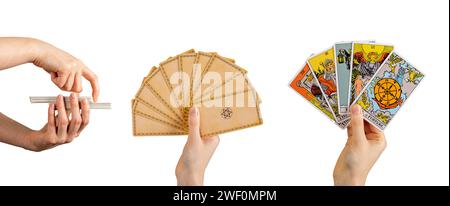 Lodz, Pologne janvier 07 2024 jeu de cartes Tarot, taro dans les mains isolé sur blanc Banque D'Images