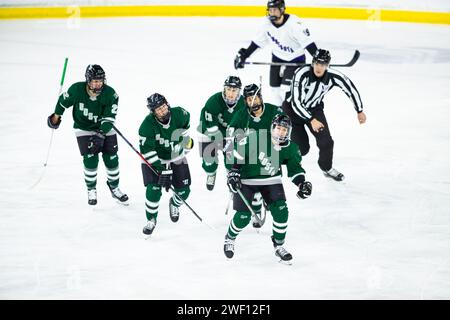 Centre Tsongas. 27 janvier 2024. Massachusetts, États-Unis ; les joueurs de Boston célèbrent un score lors d’un match de saison régulière de la PWHL entre Boston et Minnesota au Tsongas Center. c) Burt Granofsky/CSM/Alamy Live News Banque D'Images