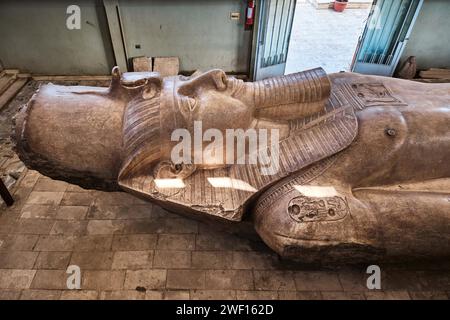 Memphis, Égypte - 2 janvier 2024 : statue monumentale de Ramsès II sculptée dans le calcaire et mesurant environ 10 mètres de long Banque D'Images