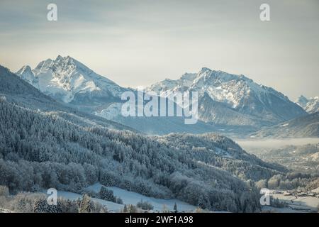 Grande muraille de montagne s'élève au ciel dans la nature enneigée dans les Alpes, ville enneigée se trouve dans la vallée brumeuse encadrée par des forêts de pins et des montagnes, Banque D'Images