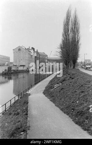 Anciens entrepôts sur Lower Bristol Road, reflétés dans la rivière Avon, vu de Broad Quay, Bath, Avon vers 1981 Banque D'Images