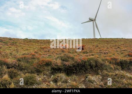 Ourol, Espagne ; 09 09 2023 : éoliennes dans les montagnes par temps nuageux Banque D'Images