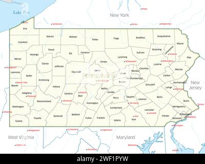 Carte politique montrant les comtés de l'État de Pennsylvanie Banque D'Images